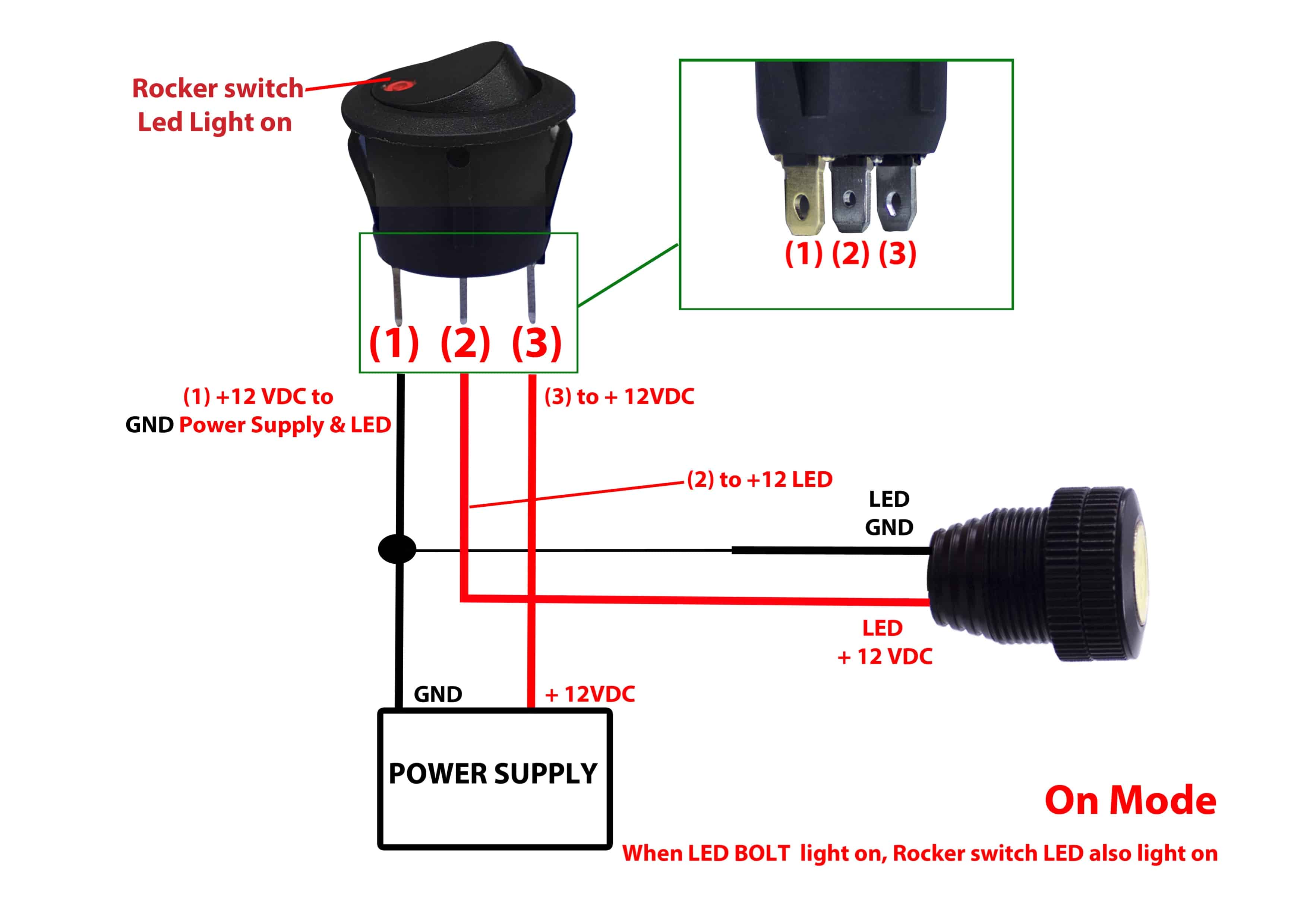 Round Rocker Switch - 12V LED - Prewired in Blue, Red, Green, White, Amber | Oznium